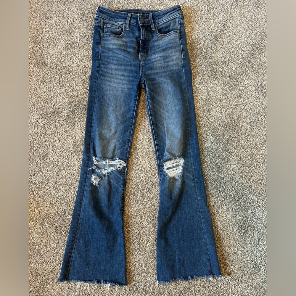American eagle super stretch highest rise flare jeans with knee rips